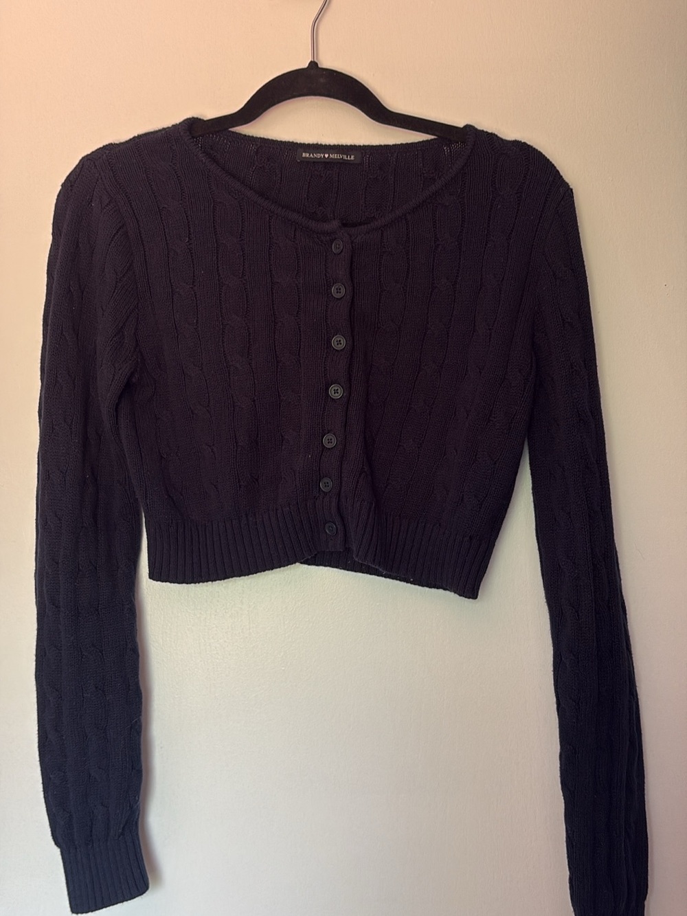 Brandy Melville Black Cable Knit Cropped Cardigan - navy blue